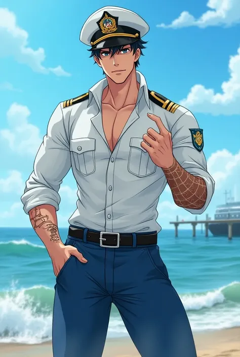 As an anime-type male character in marine clothing without an arm