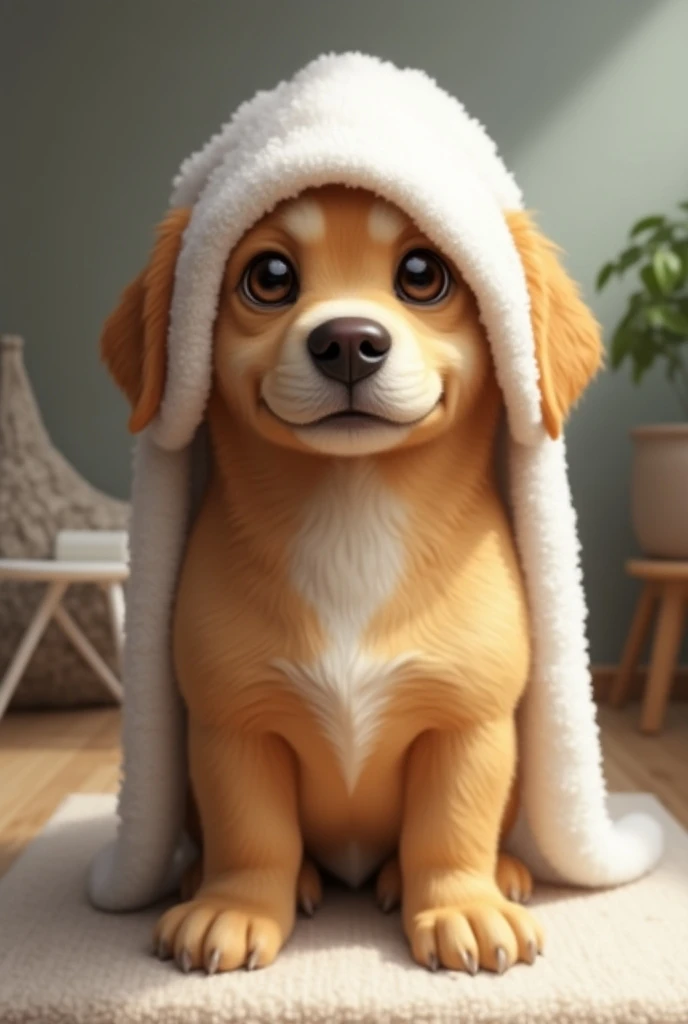 Create a real image of a medium-sized dog with a towel on its head 