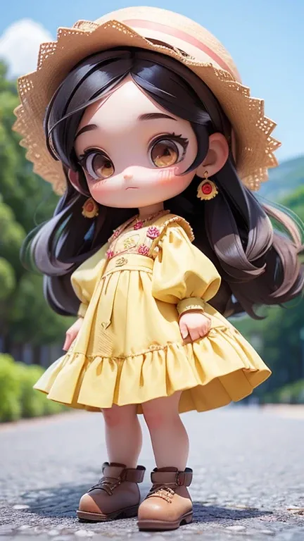 1 woman designed with stereotypical features of spanish traditional culture and history, super deformed small girl, very Cute and pretty girl,  very beautiful face、her countrys traditional costume、less revealing costume, Outdoor、background is her countrys ...