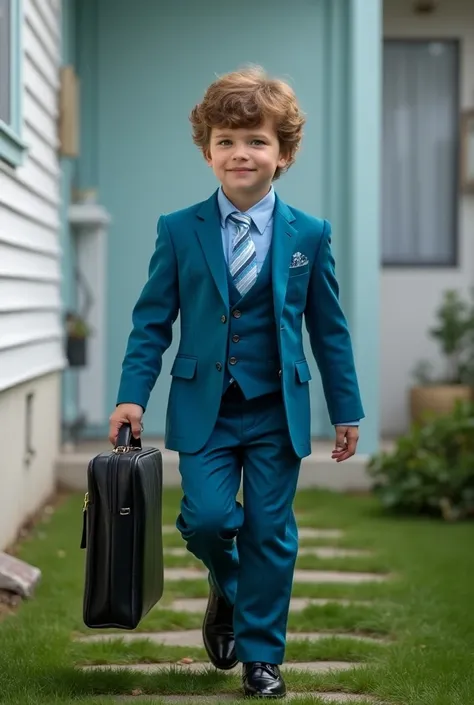 Photograph of a seven-year-old boy,         climbing and wearing very elegant black patent leather shoes         , Walking up the stairs with a briefcase in the right hand, Smile a little.  ,  very elegant and handsome behind his house .    ,        on the...