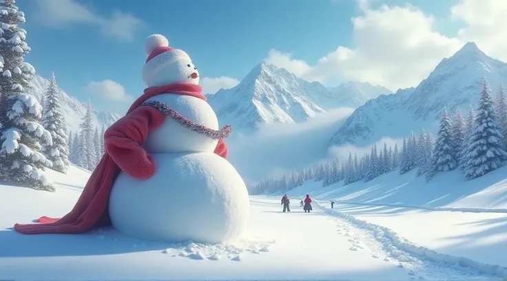 Michelin man in love with a snowman . mountain . Beau paysage fantastique . Voyage dans le temp.