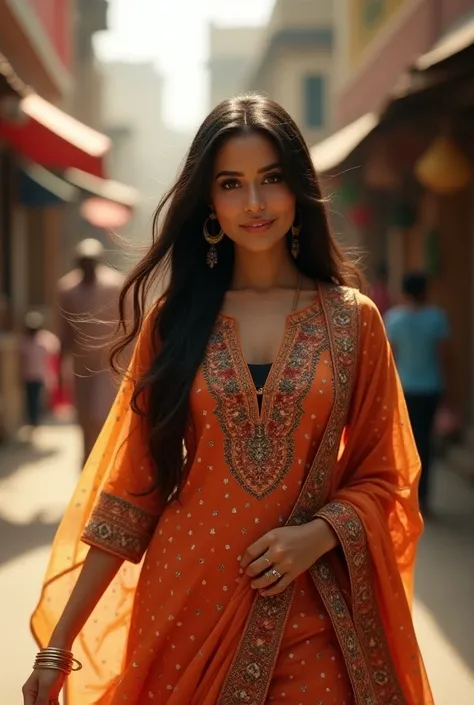 a beautiful indian woman, wearing ethnic kurti, tight kurti, breasts visible, hair waving ultra 8k with beautiful face, (best quality,4k,8k,highres,masterpiece:1.2),ultra-detailed,(realistic,photorealistic,photo-realistic:1.37),HDR,UHD,studio lighting,ultr...