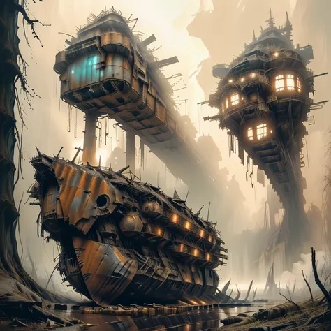 there is a large ship that is in the middle of a forest, in the art style of filip hodas, destroyed ship, inspired by Ismail Inceoglu, rusted junk, alejandro burdisio art, alien ship wreck, adventure hyper realistic render, overgrown environment, stefan ko...