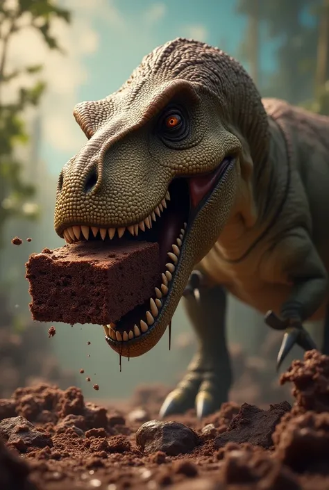 Straight bombed dinosaur eating a chocolate Brawnie 