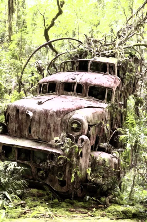 a rusting abandoned ship in a dense forest, surrounded by coiled pythons, highly detailed, 8K resolution, photorealistic, dramatic lighting, grungy atmosphere, overgrown plants, moss-covered hull, peeling paint, rust textures, snake scales, muscular python...