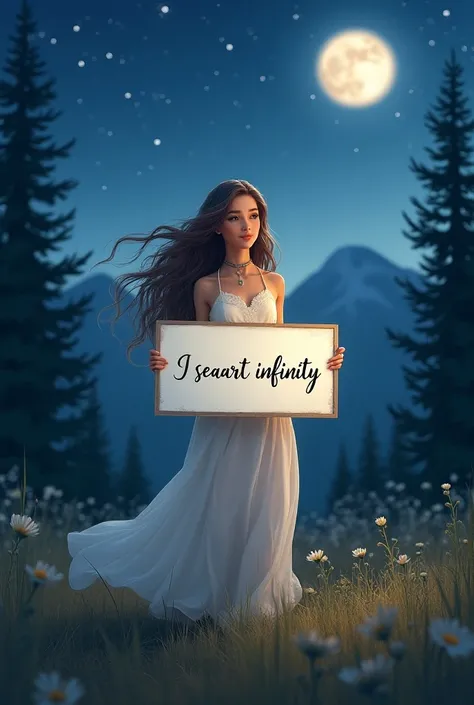  Beautiful girl with long wavy hair , bohemian dress,  holding a white board with the text " I Love Seaart Infinity " and showing it to the spectator64 

### Suggested image:

 The image could show Platero resting in a meadow under a starry sky. The full m...