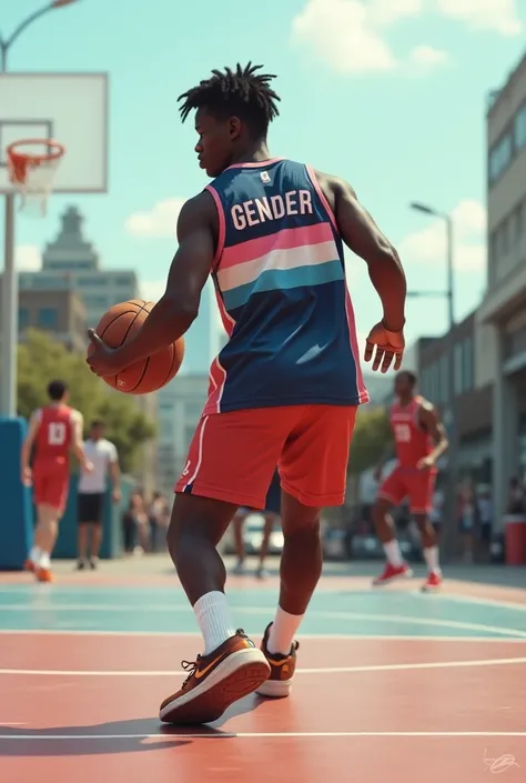 I would like an image of a young black man playing ball with the name gender on his shirt and the trans flag on the back as a cover 