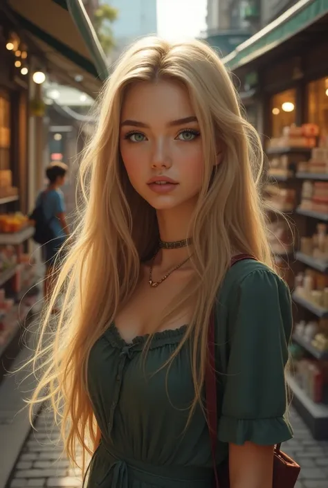 Create a realistic image of a 20 year old woman, longs cheveux blonds, Yeux bleu-vert faisant du shopping 