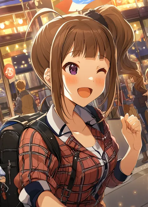 This image contains、 lights and signs. {x} An animated female character with long brown hair appears。,  Wearing Berets .  She has purple eyes 、Shes smiling brightly .  This character wears a plaid shirt and 、 has a black backpack on her back 。. background,...