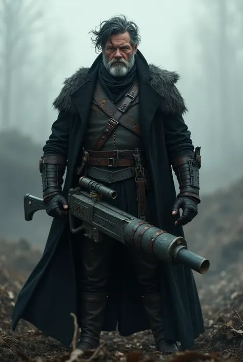  Man in leather armor and black overcoat wielding weapons black technology medieval climate, stubble , blue eyes , Middle-aged Homel  , black hair , BLUE eyes, arma similar a uma bazuca futurista black , Black hair