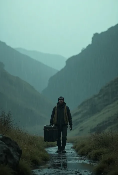 Create an image of rain falling in the hinterland and a man with luggage