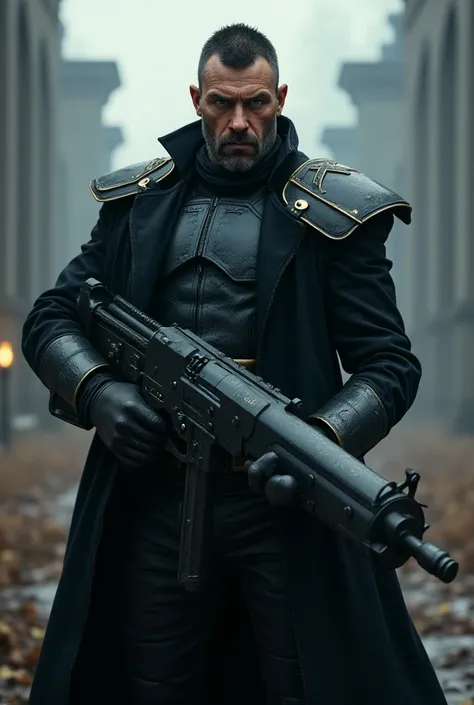  Man in leather armor and black overcoat wielding weapons black technology medieval climate, stubble , blue eyes , Middle-aged Homel  , black hair , BLUE eyes, arma similar a uma bazuca futurista black , Black hair, cabelos pretos , barba preta 