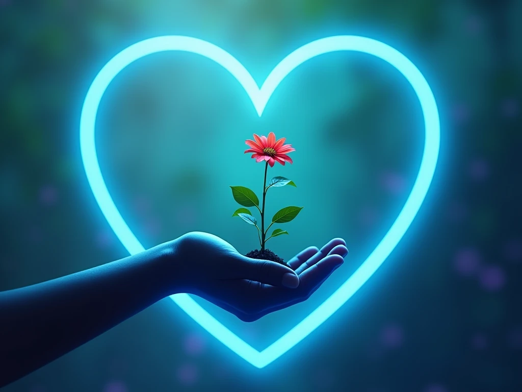  The image presents a composition with a heart outlined by a bright and luminous border in shades of blue ,  creating a neon effect . Inside this heart ,  you can see a hand holding a small plant with green leaves and a flower with red petals .  The hand i...