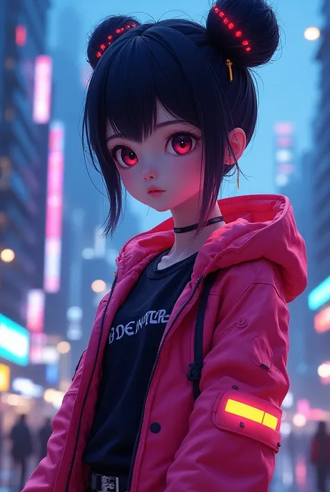  Anime character with big eyes, in a futuristic outfit, against the background of a city in neon lights .