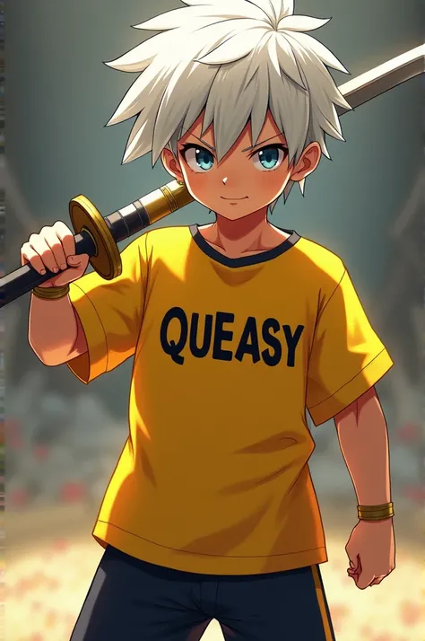  boy,  platinum hair , yellow outfit with black ,  details with the name Queasy written on the shirt,  holding a sword 