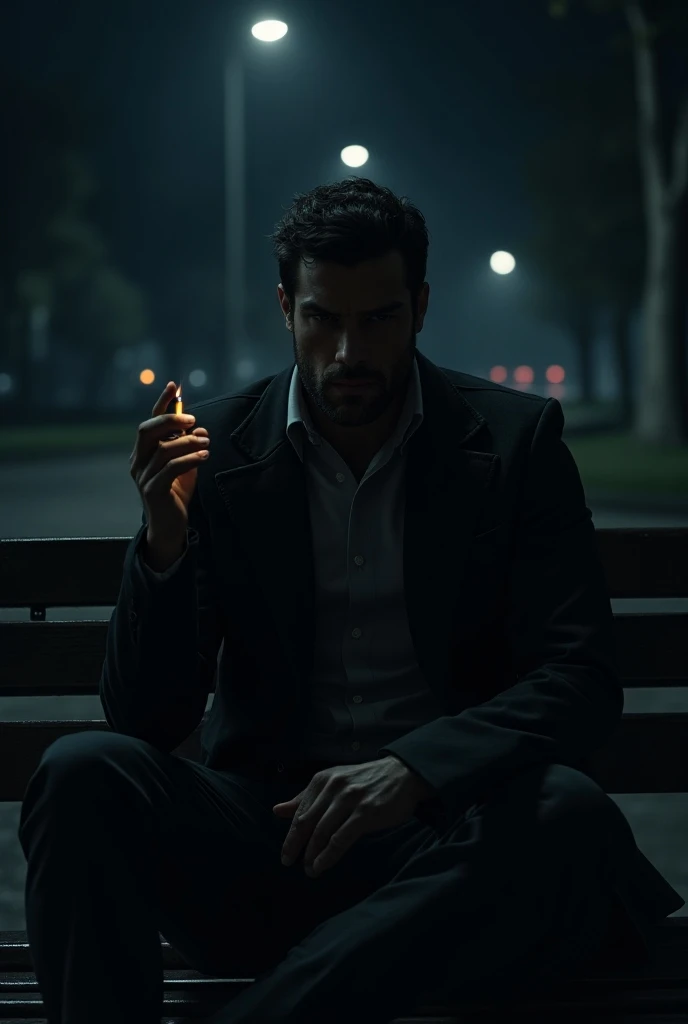  Being a handsome man on a park bench at night，Desperate appearance ，Smoking a cigarette， Appropriate clothing 