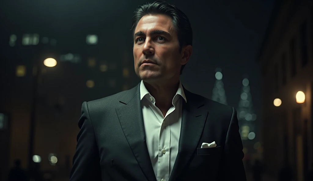 wearing the iconic lawyer costume. Fernando Colunga, wearing an elegant dark gray suit and white dress shirt. Clothing should have clean, professional lines and a subtle shine. the night arriving in a hidden and dark place in New York with bridges around a...