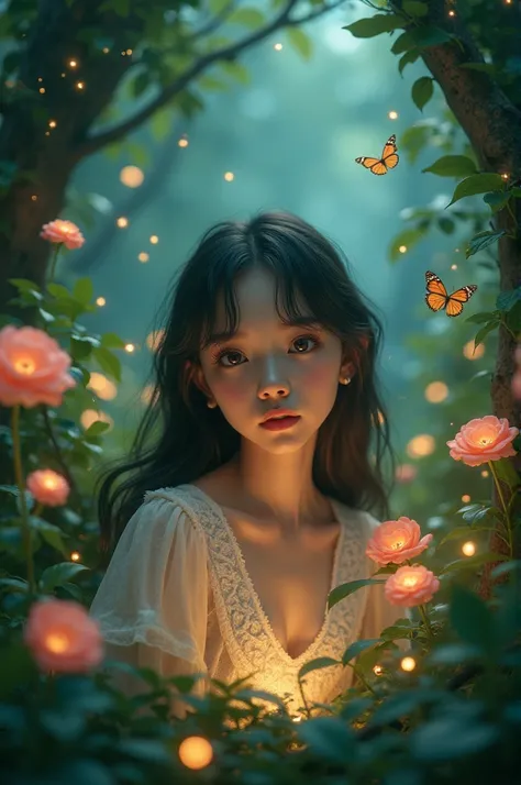 Fantasy in a glass, "Ethereal roses, cute slime animals, glowing little mushrooms surrounded by delicate leaves and branches, and fireflies and glowing particle effects, girl", (natural elements), (jungle theme), (leaves), (branches), (fireflies), butterfl...