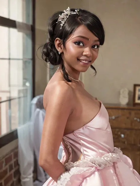 A Indian girl, black ponytail, (black skin:1.4), BREAK, baby face, standing, (satin princess dress, pink wedding dress:1.4), BREAK, (wedd00ing:1.2), (tiny tits, tt_flat), ((shooting from side)), armpit, smiling,+ bedroom, 