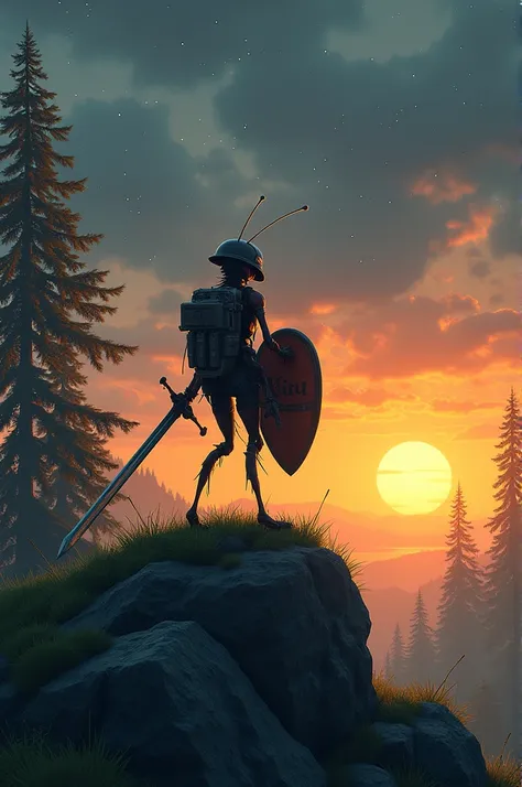  Generate an image of An ant soldier ,  with his military helmet ,  sword and shield with the name  "Kiru ",  standing in a rock on top of a hill covered with green grass,  with an orange sunset that fades into the dark ,  surrounded by tall and majestic p...