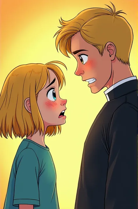  A young blond girl looking at a young blond priest, scared of her . comic style 