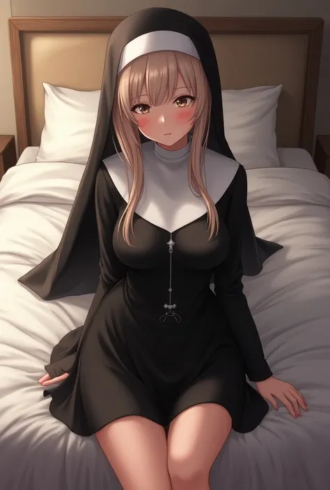 A sexy anime nun sitting on a bed teasing 