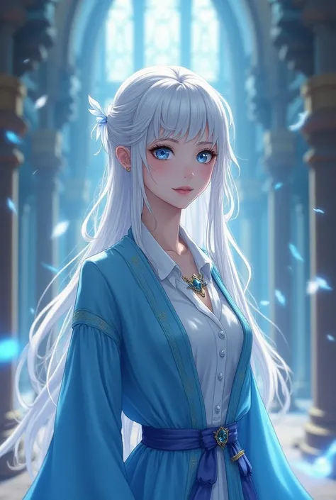  A beautiful girl in her twenties ,  with snow-colored hair and ice-colored eyes. In the form of a magic academy . in anime style.