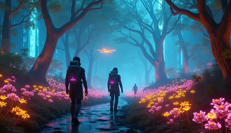 A glowing, bio-engineered forest where trees have luminous, transparent trunks and neon leaves that pulse with energy. The forest floor is covered with bio-luminescent plants that glow in various hues, while futuristic explorers in cyber-suits navigate thi...