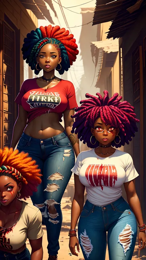 three African American women, sexy, voluptuous, facing forward, ((8k, UHD, Masterpiece)), (torn jeans and t-shirt)wearing bloody clothes, holding knife, sinister smile, haunted house background, dripping blood on skin, blood stains everywhere, colorful hai...