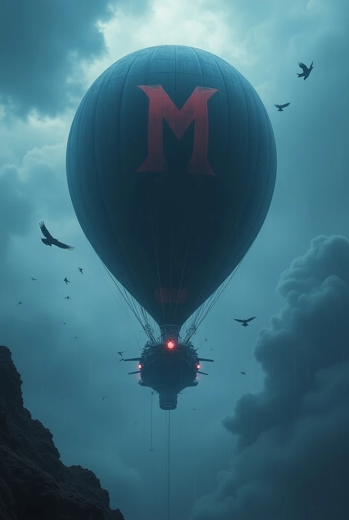  Black airship balloon with blue  , third person ,A storm background  , a plasma cannon on each side  , a turbine on each side of the airship , a hurricane in the background High resolution,  High quality, bottom view,  motion graphic  , Lines of action, r...