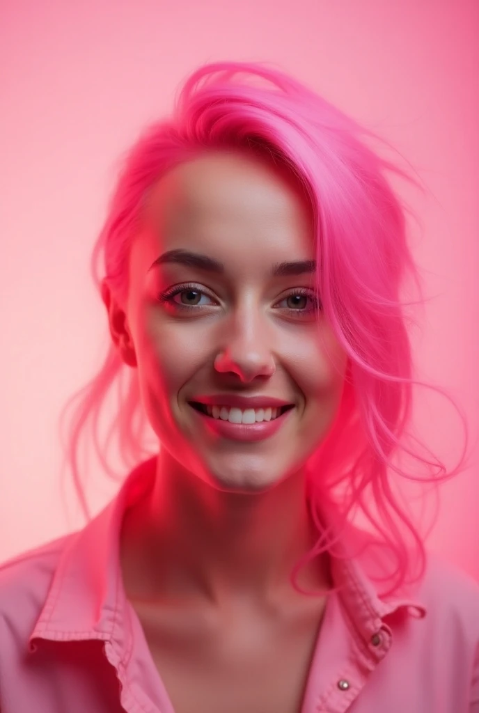  a realistic photograph of an empowered and happy woman , with shades of pink pink and illuminated . pink hair. entrepreneur and experiencing a sense of  and renewal of spirit
I want the image with a pink pink background