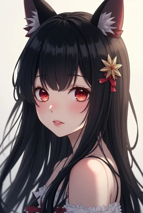 Long Hair, Blush, Short Hair, Black Hair, Red Eyes, Animal Ears, Hair Ornament, Simple background, Ribbon, 