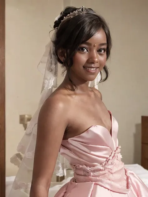 A Indian girl, black ponytail, (black skin:1.4), BREAK, baby face, standing, (satin princess dress, pink wedding dress:1.4), BREAK, (wedd00ing:1.2), (tiny tits, tt_flat), ((shooting from side)), armpit, smiling,+ bedroom, 