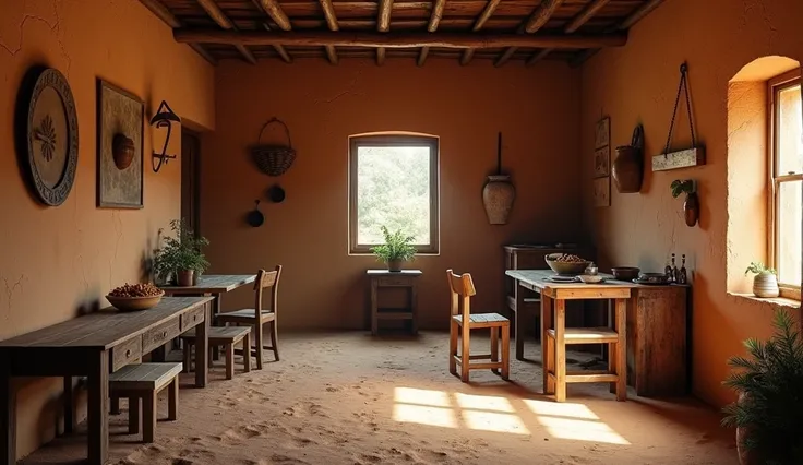  A highly realistic scene set in a clay house typical of the interior of Northeastern Brazil.  The setting is rustic ,  with simple, cracked clay walls ,  conveying a sense of humility and warmth .  The predominant colors are earthy ,  with shades of brown...