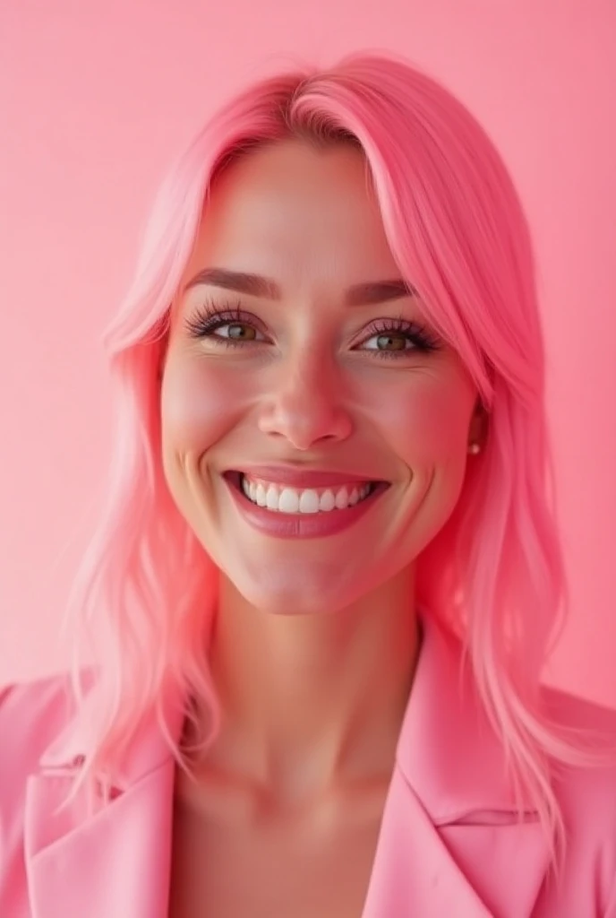 a realistic photograph of a fulfilled and empowered and happy woman , with shades of pink pink and illuminated . pink hair.  Pose as an entrepreneur and experiencing a sense of  and renewal of spirit
I want the image with a pink pink background