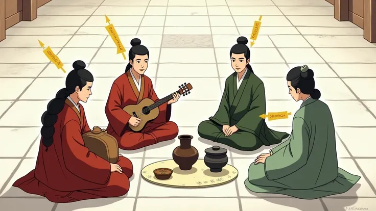 Captured from an animated cartoon, a group of Asian men are seated on a white tiled floor. The men are dressed in traditional Chinese robes, with black hats on their heads. The man on the left is dressed in a red robe, with a black belt around his waist. H...