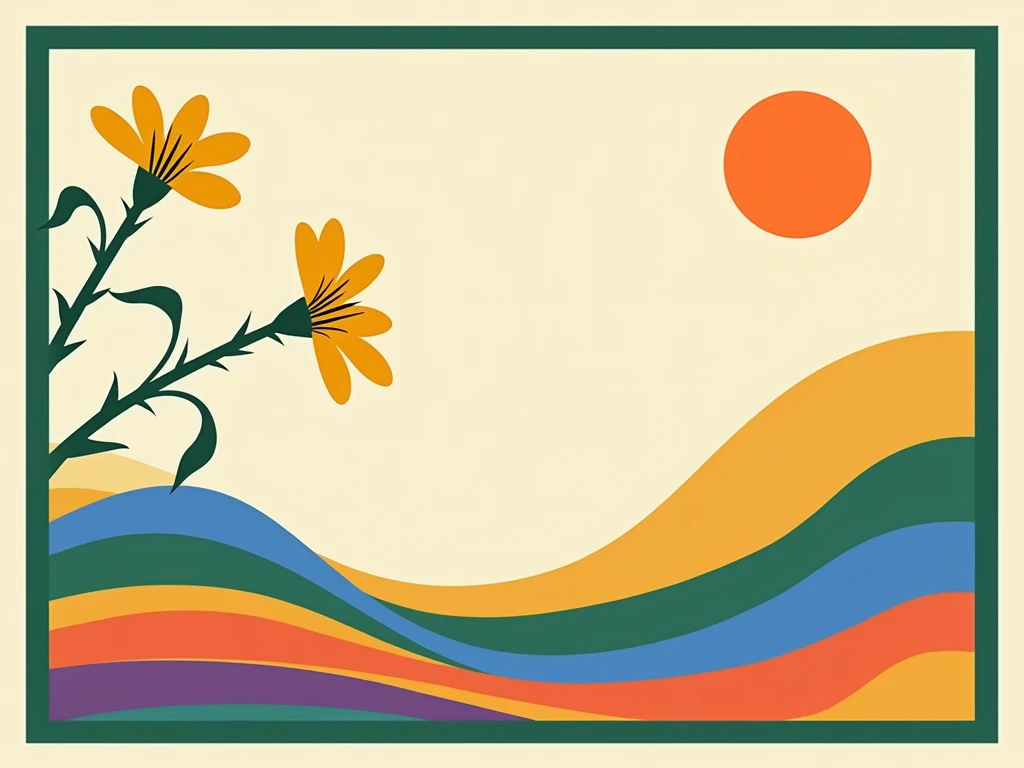  The image presents a minimalist composition and necks colorful .  at the top ,  stand out two flowers hanging with yellow petals ,  with its green stems and leaves containing visible thorns .  These flowers hang downwards ,  occupying the upper left part ...