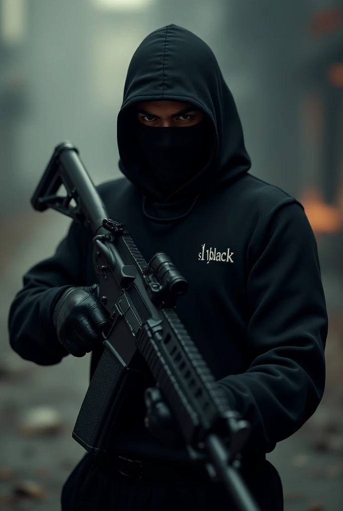 I want a black person with a ninja outfit and a balaclava mask so that only his eyes and mouth can be seen, and a black outfit with an m4 gun that says "S¹ BLACK" on the front and its cinematic.