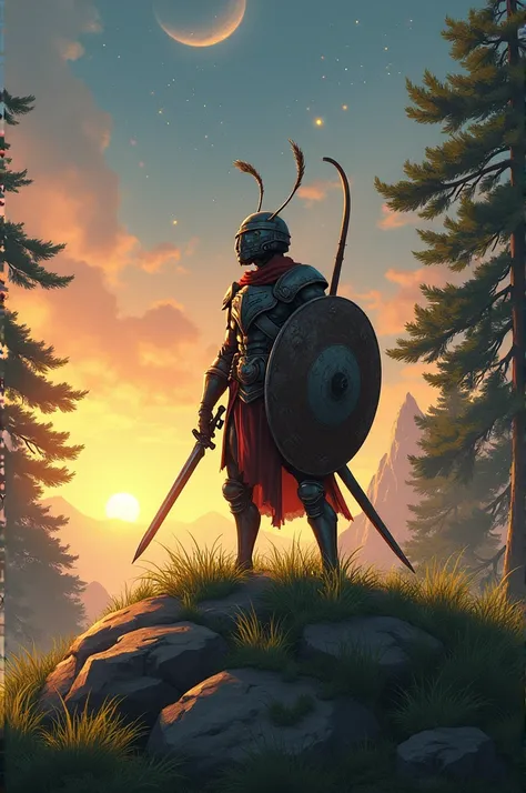  Generate an image of An ant soldier ,  with his military helmet ,  sword and shield with the name  "Kiru ",  standing in a rock on top of a hill covered with green grass,  with an orange sunset that fades into the dark ,  surrounded by tall and majestic p...