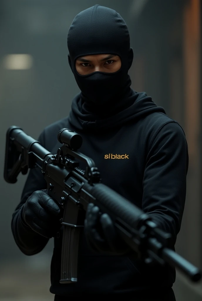 I want a black person with a ninja outfit and a balaclava mask so that only his eyes and mouth can be seen, and a black outfit with an m4 gun that says "S¹ BLACK" on the front and its cinematic.