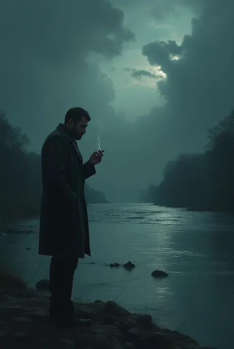 A dark sky and a  bad weather a men sad and standing near river and smoking 