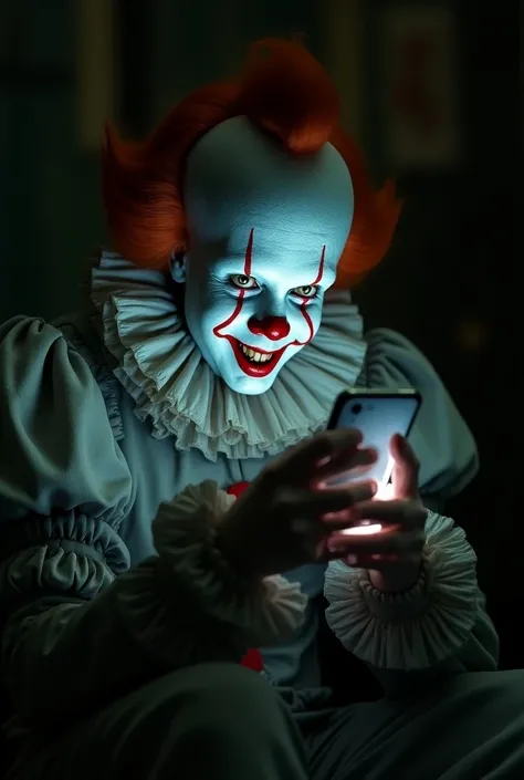 A highly detailed and eerie image of It, the infamous Pennywise, staring intensely at a smartphone as if he’s deeply engrossed in something important on the screen. Pennywise, with his trademark evil grin and unsettling clown makeup, sits hunched over, his...