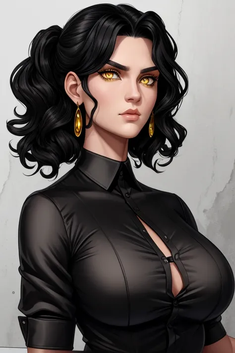 girl with black wavy hair and yellow eyes, without earrings, super tall, athletic and muscular,  singer actor, beautiful , serious and proud,ing, open black silk shirt