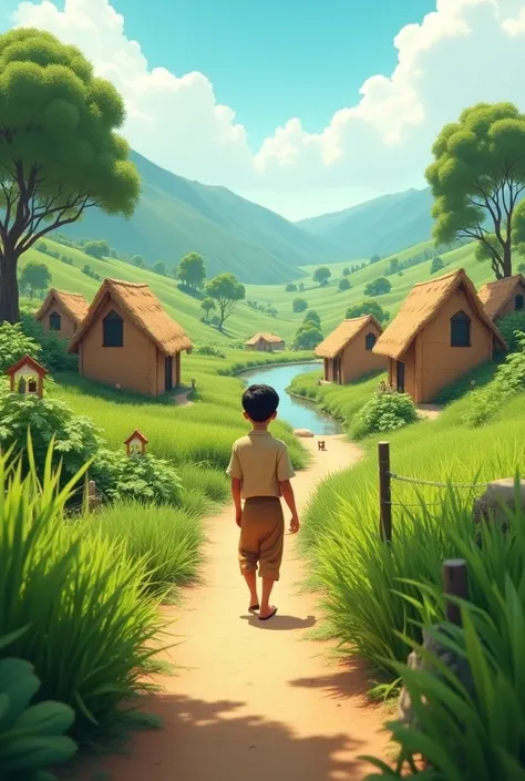 A peaceful rural village scene with small mud houses, fields, and a young man walking through a narrow path. 3d animated image in 16:9