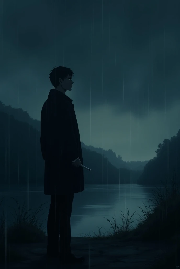 A dark sky and a  bad weather a men sad and standing near river and smoking  anime theame 