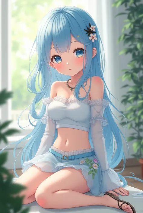 masterpiece,  is the best quality,  extremely detailed , (illustration,  Official Art :1.1),  1 girl at home ,(((( light blue long发)))), ,(((( light blue long发)))), light blue hair , ,, long发 ((blush)) , Cute face, Big eyes, masterpiece,  is the best quali...