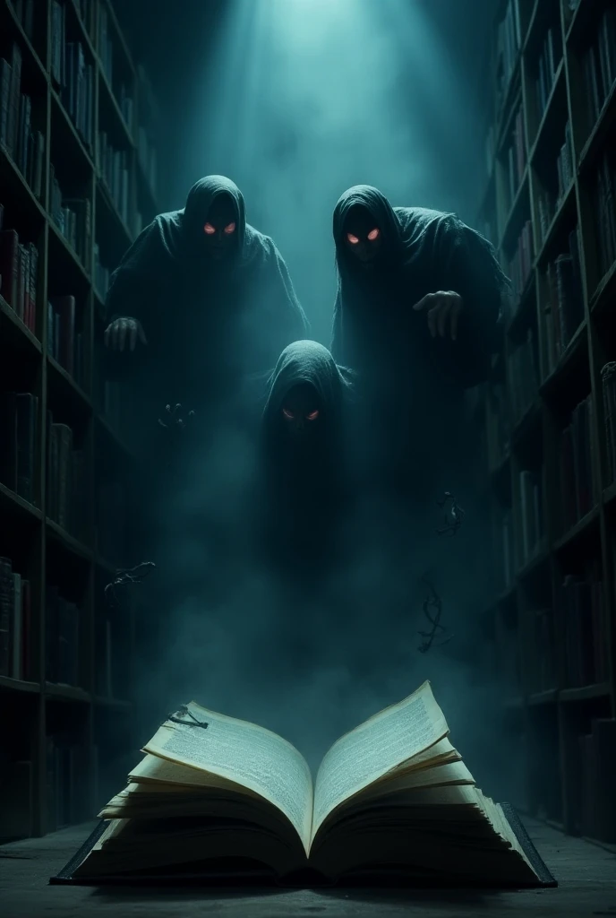 The Cursed Library: Where Books Come Alive" Make a video thumbnail like horror and scary, creepy dark type 