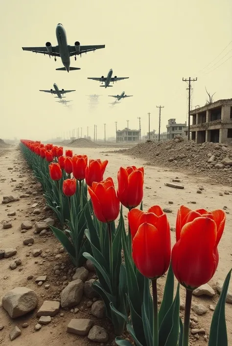  A newspaper front page presenting a drawing of the war in Afghanistan ,  several American bombers are pounding the area from the left . In the foreground,  we see terrorists coming out of several red flowers , Tulips ,  a Flowering stage more and more adv...