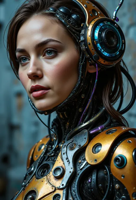 A  portrait of a highly detailed futuristic female cyborg with extensive visible robotic components, including additional wires, tubes, and gears. Her face blends human-like traits with extensive robotic elements such as exposed gears, metallic plates, rob...