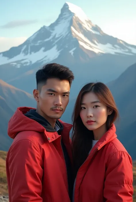 Young male and female, Asian, red jacket, on the mountain , look at the camera, vivid, realistic, detailed, ultra HD final result 